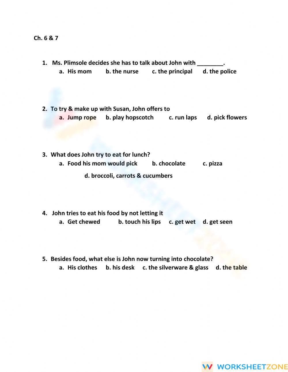 Grade 4 The Chocolate Touch — Printable No-Prep Worksheet - Page 1