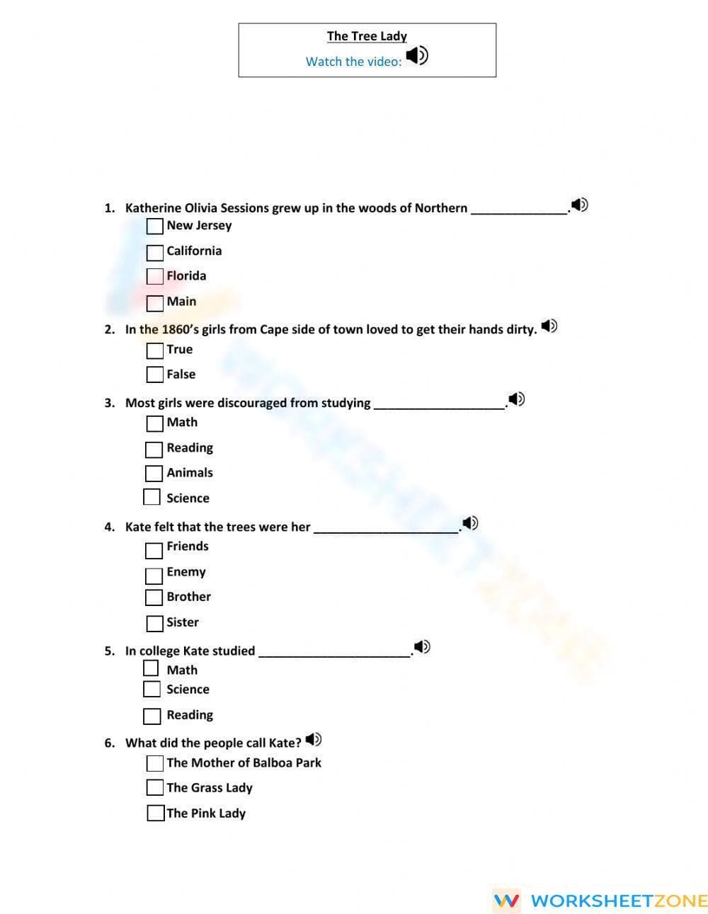 Grade 4 "The Tree Lady" — Printable No-Prep Worksheet - Page 1