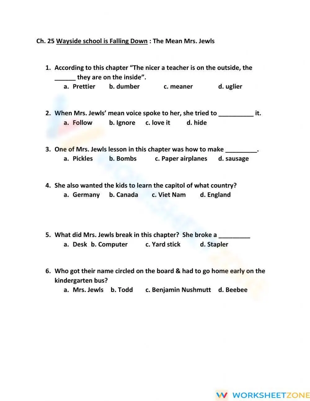 Grade 4 Wayside School — Printable No-Prep Worksheet - Page 1