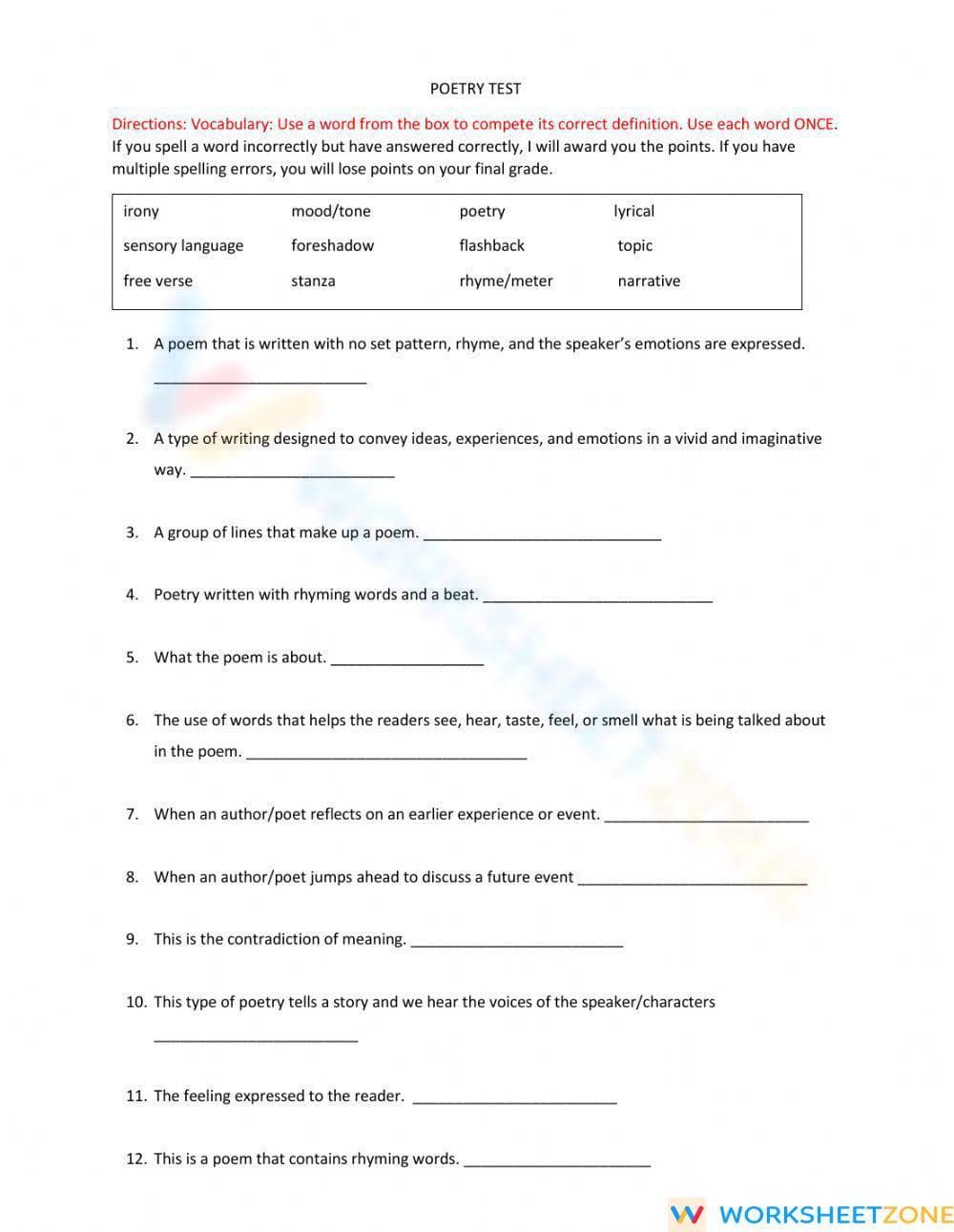 RL.5.2 Worksheet: Poetry Test — Grade 5 Aligned - Page 1