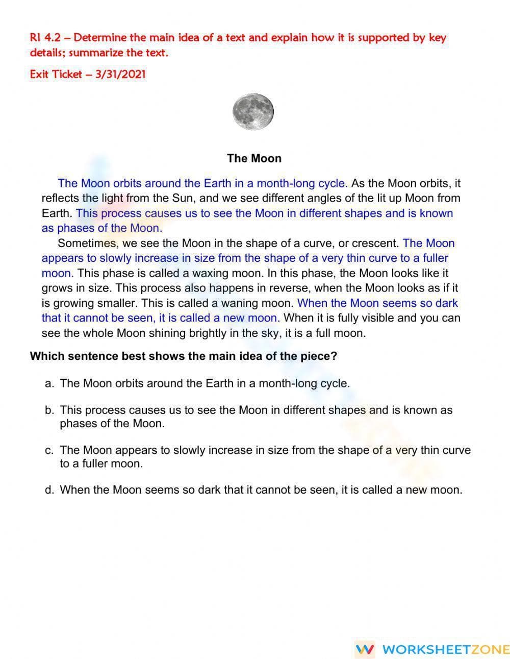 RI 4.2 Worksheet: Main Idea — Grade 4 Aligned - Page 1