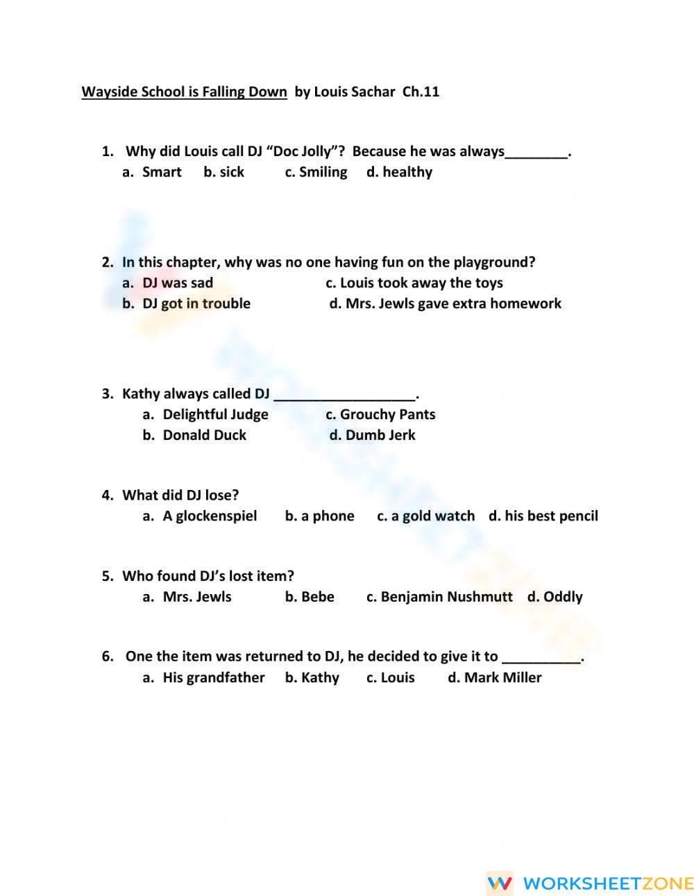 Printable Wayside School Falling Down Ch. 11 Worksheet - Page 1