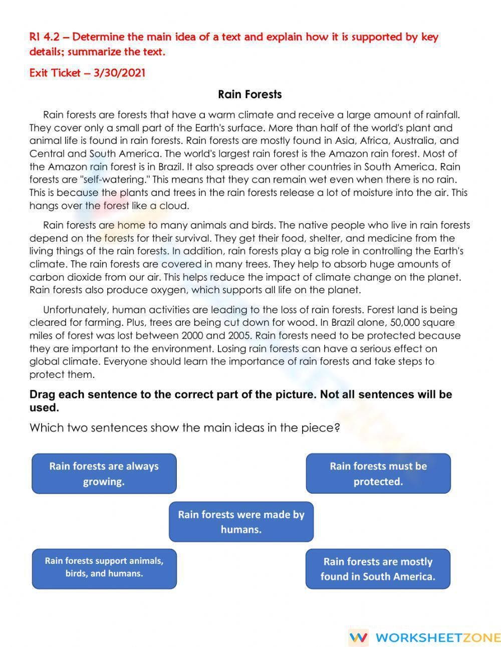 RI.4.2 Exit Ticket: Main Idea Worksheet — Grade 4 Aligned - Page 1