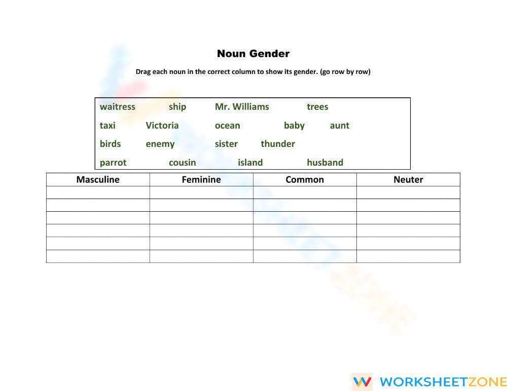 Grade 6 Noun Gender — Essential Printable Worksheet - Page 1