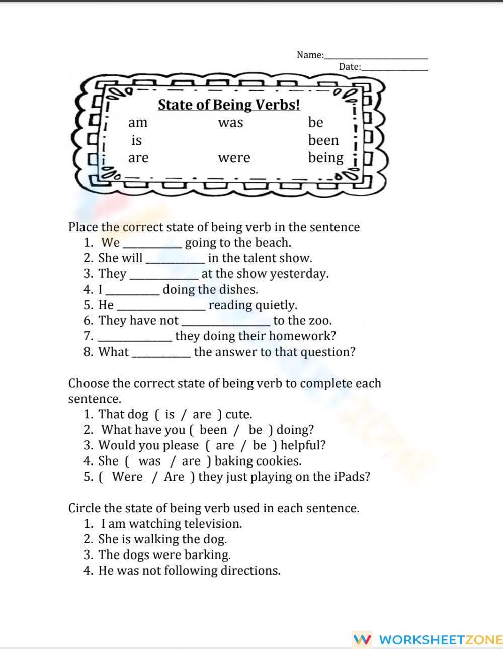 State of Being Verbs Worksheet | Grade 3 Printable - Page 1