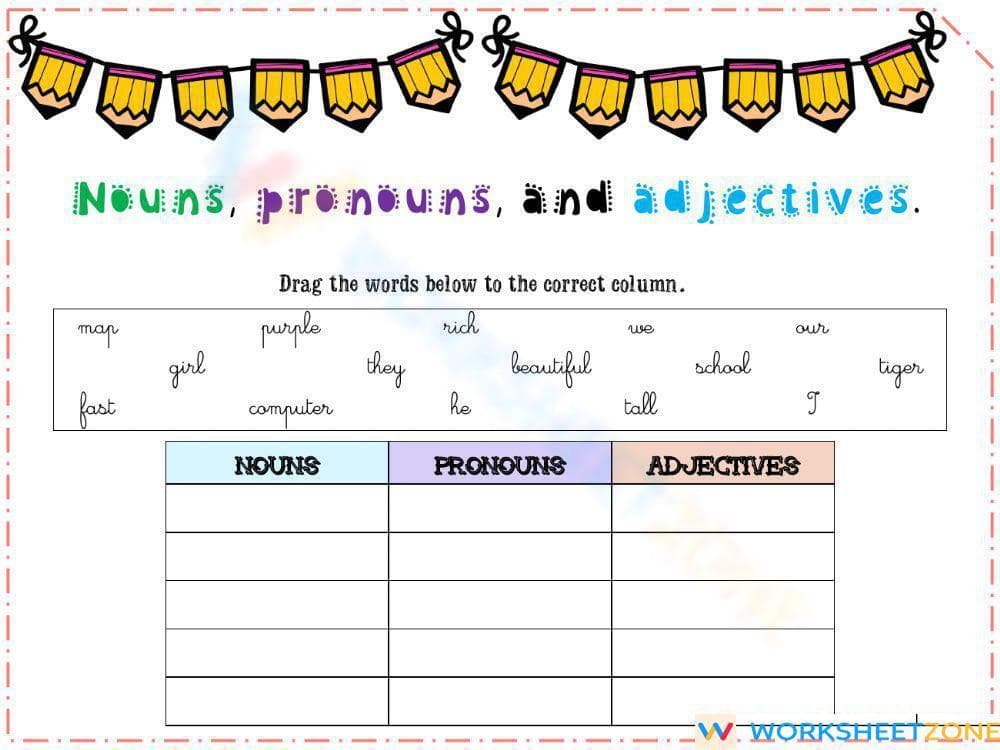 Essential Nouns, Pronouns & Adjectives Worksheet | Grade 3 - Page 1