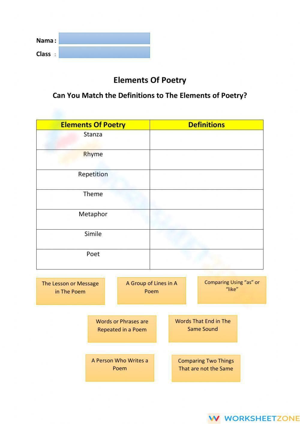 Essential Elements of Poetry Worksheet | Grades 7-10 ELA - Page 1