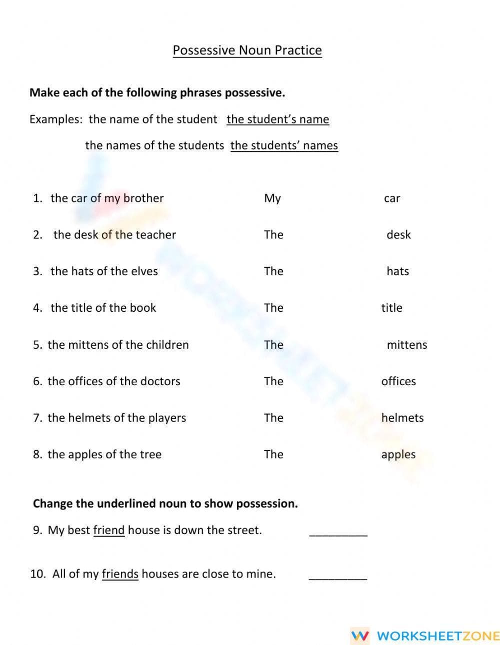 Grade 3 Possessive Nouns — Printable No-Prep Worksheet - Page 1
