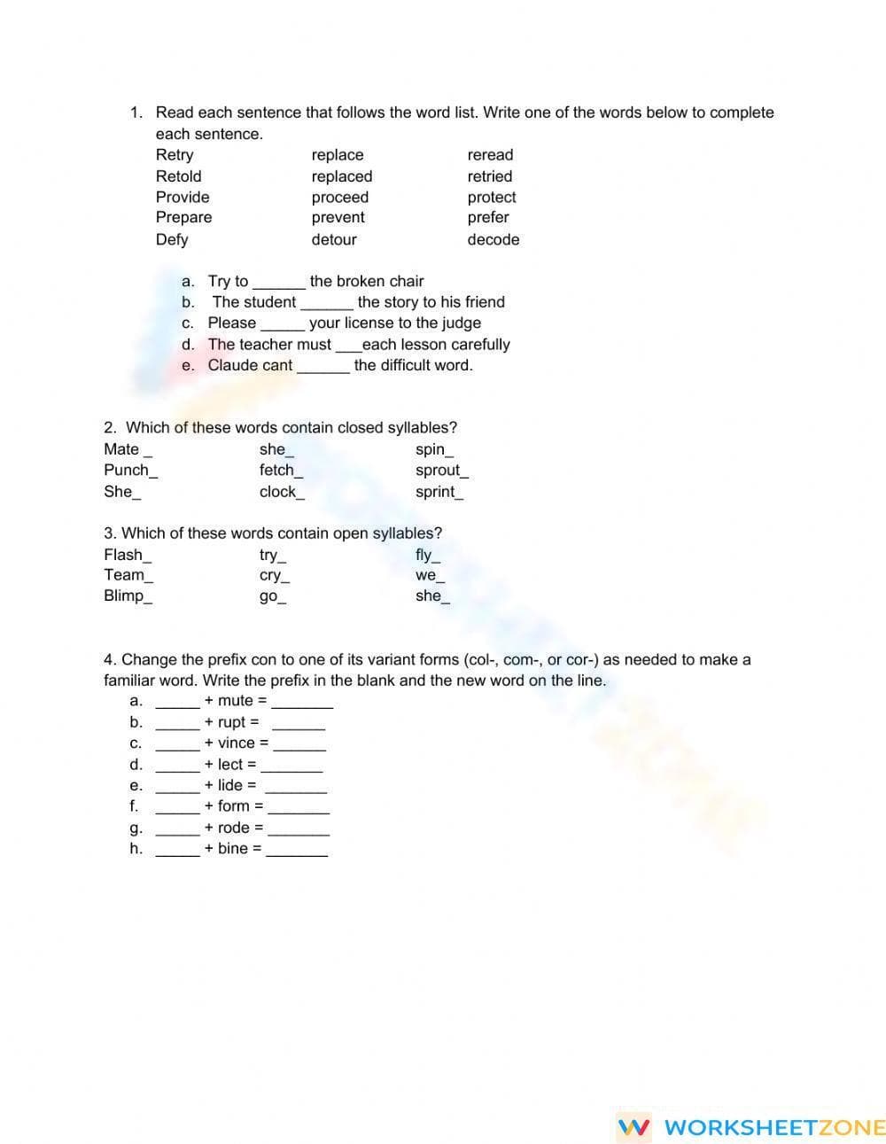 Printable Unit 4 Review: Affixes and Syllables Grade 5 - Page 1