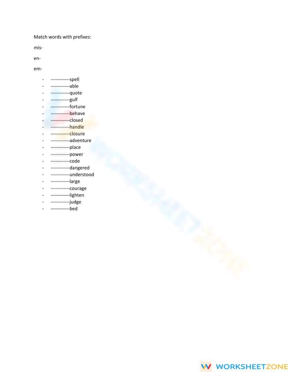 Printable Prefixes mis-, en-, em- Worksheet | Grade 5 ELA - Page 1