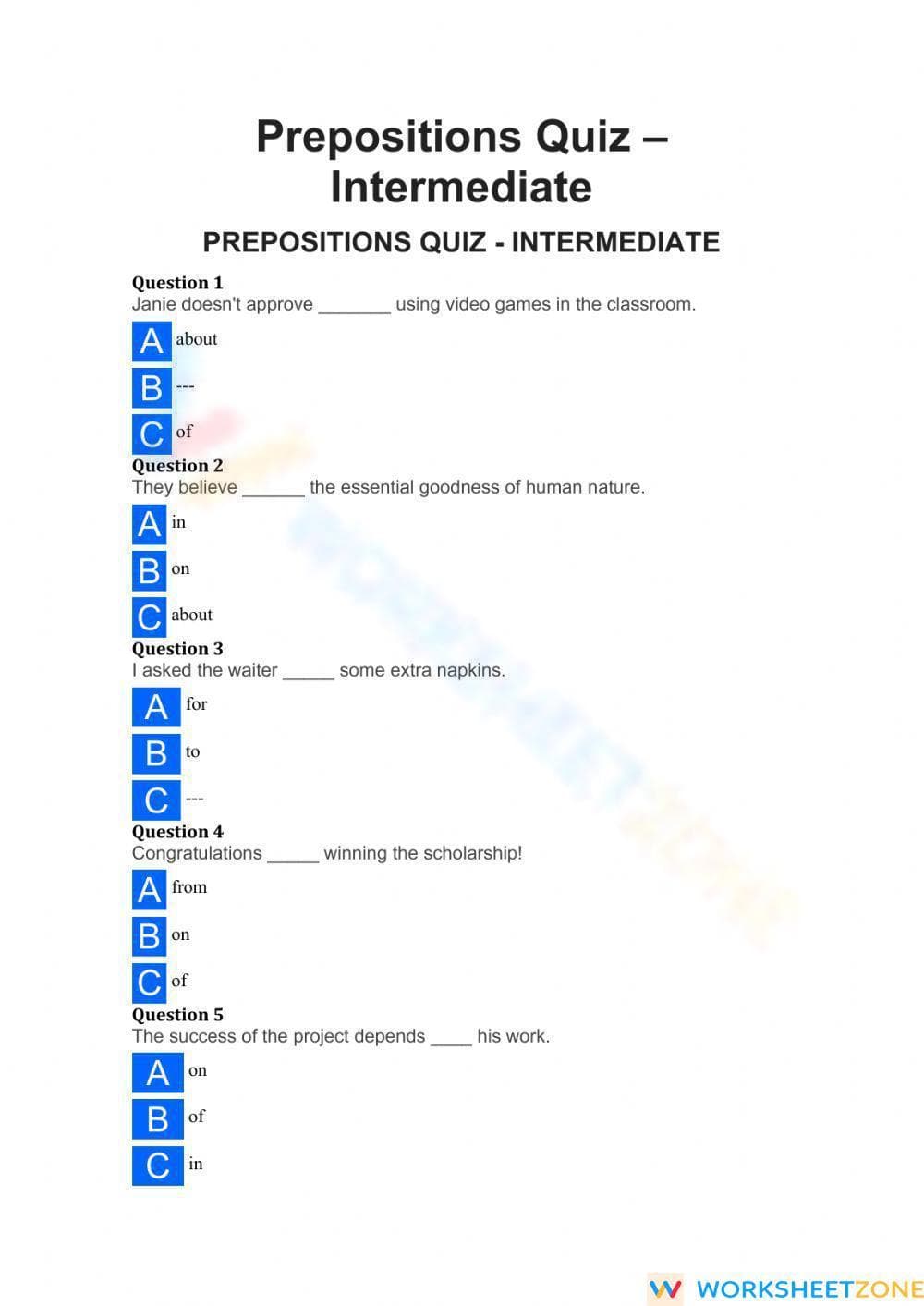 Essential Prepositions Worksheet | Grade 10 ELA - Page 1
