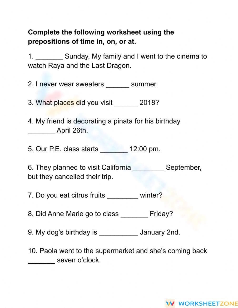 Prepositions of Time Worksheet - Page 1