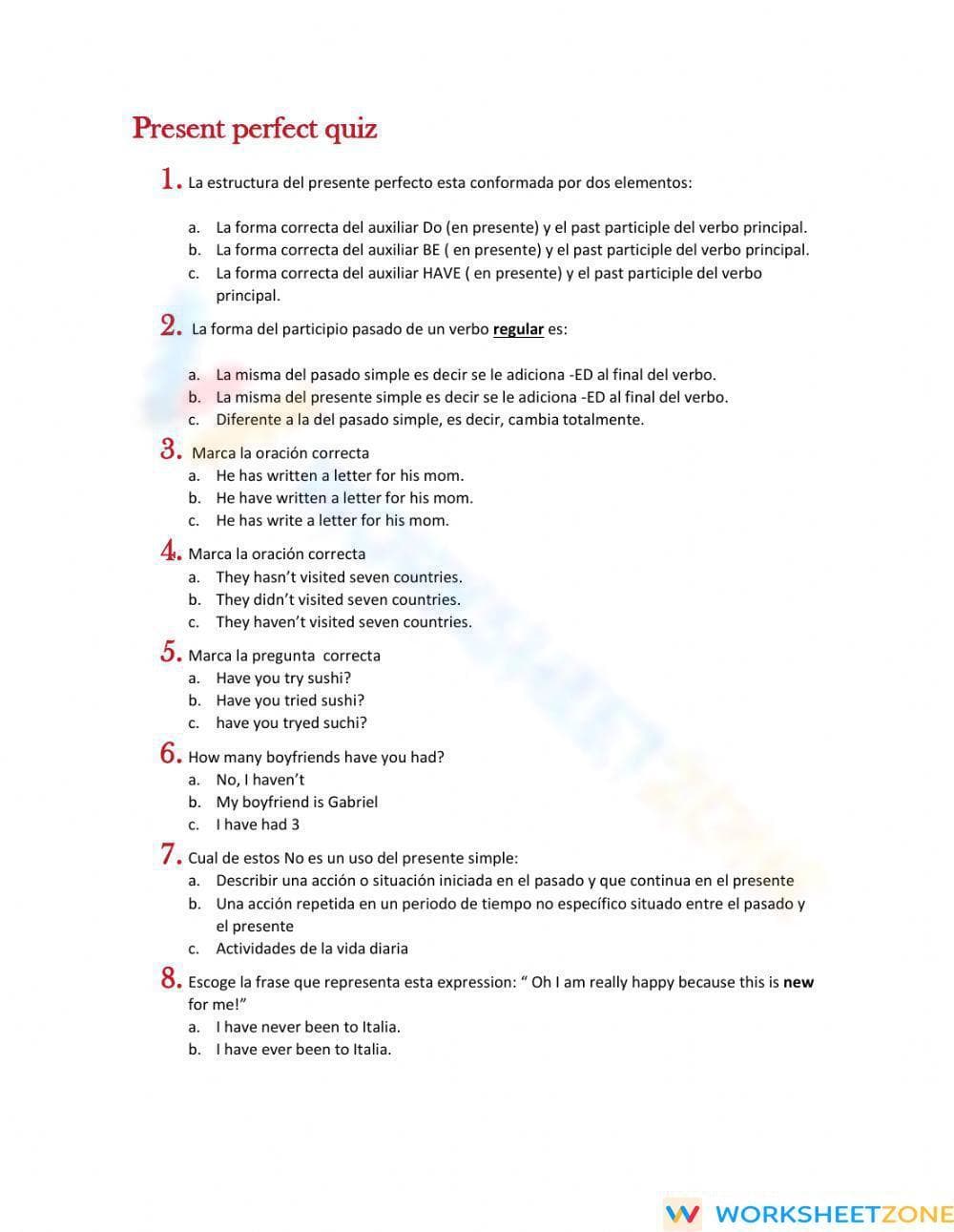 Essential Present Perfect Quiz | Grade 11-12 ELA - Page 1