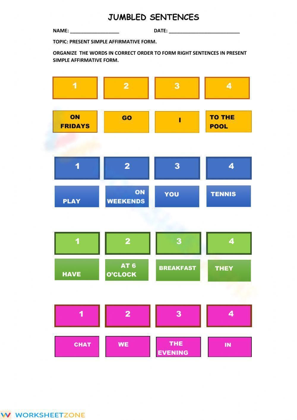 Essential Present Simple Jumbled Sentences Worksheet Gr. 9 - Page 1