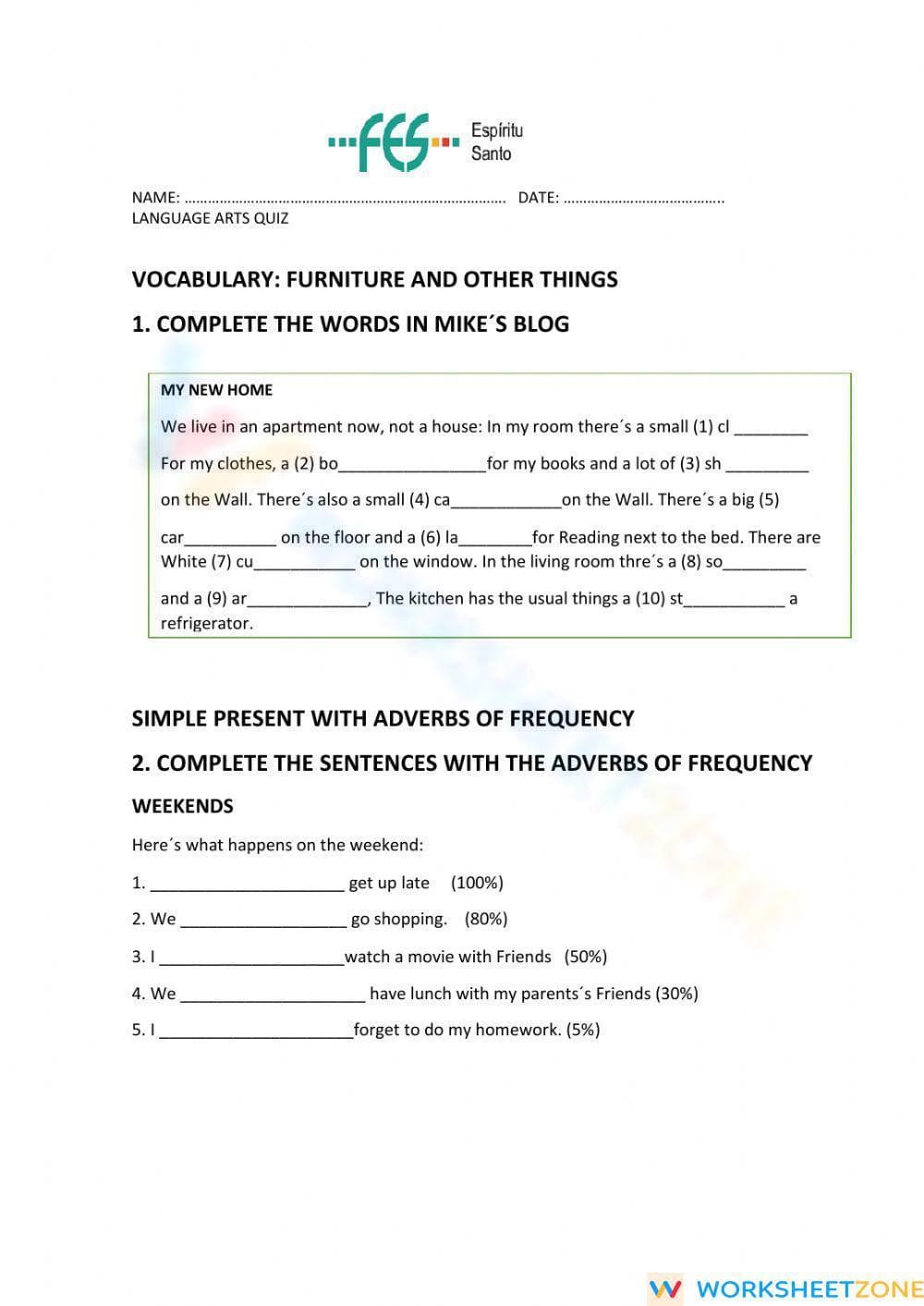 Essential Simple Present Quiz | Grade 4 ELA Printable - Page 1