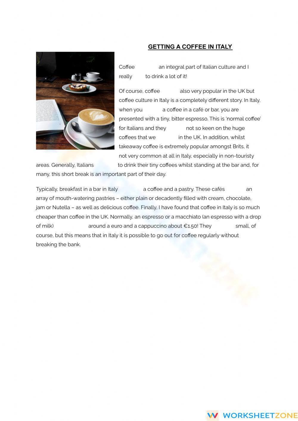 Grade 5 Coffee in Italy — Printable No-Prep Worksheet - Page 1