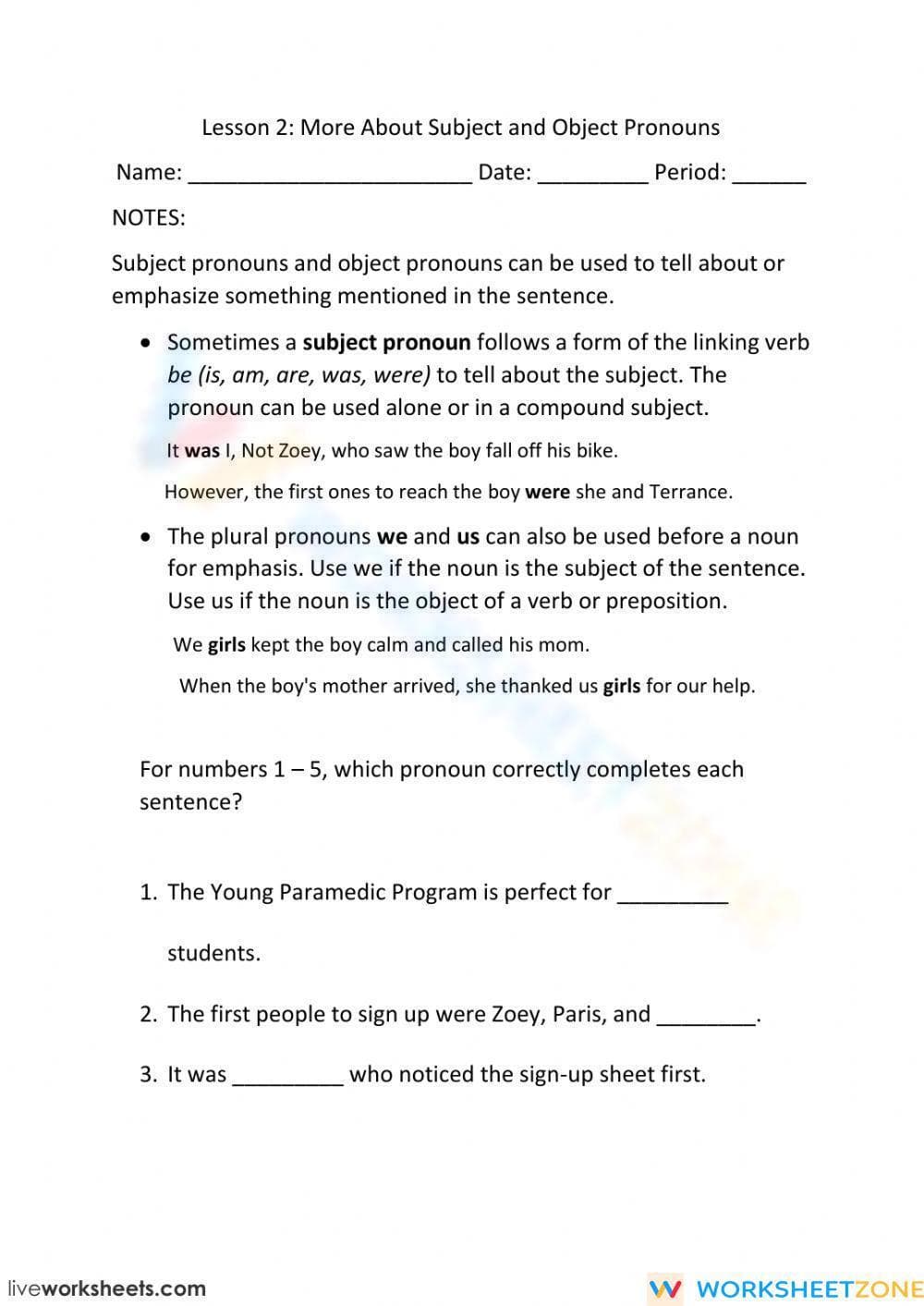 Essential Subject & Object Pronouns Worksheet | Grades 8-10 - Page 1