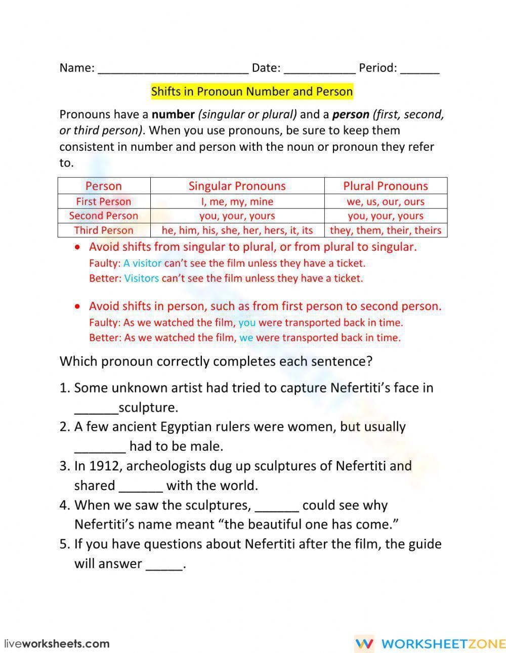 Essential Shifts in Pronoun Number and Person Worksheet - Page 1