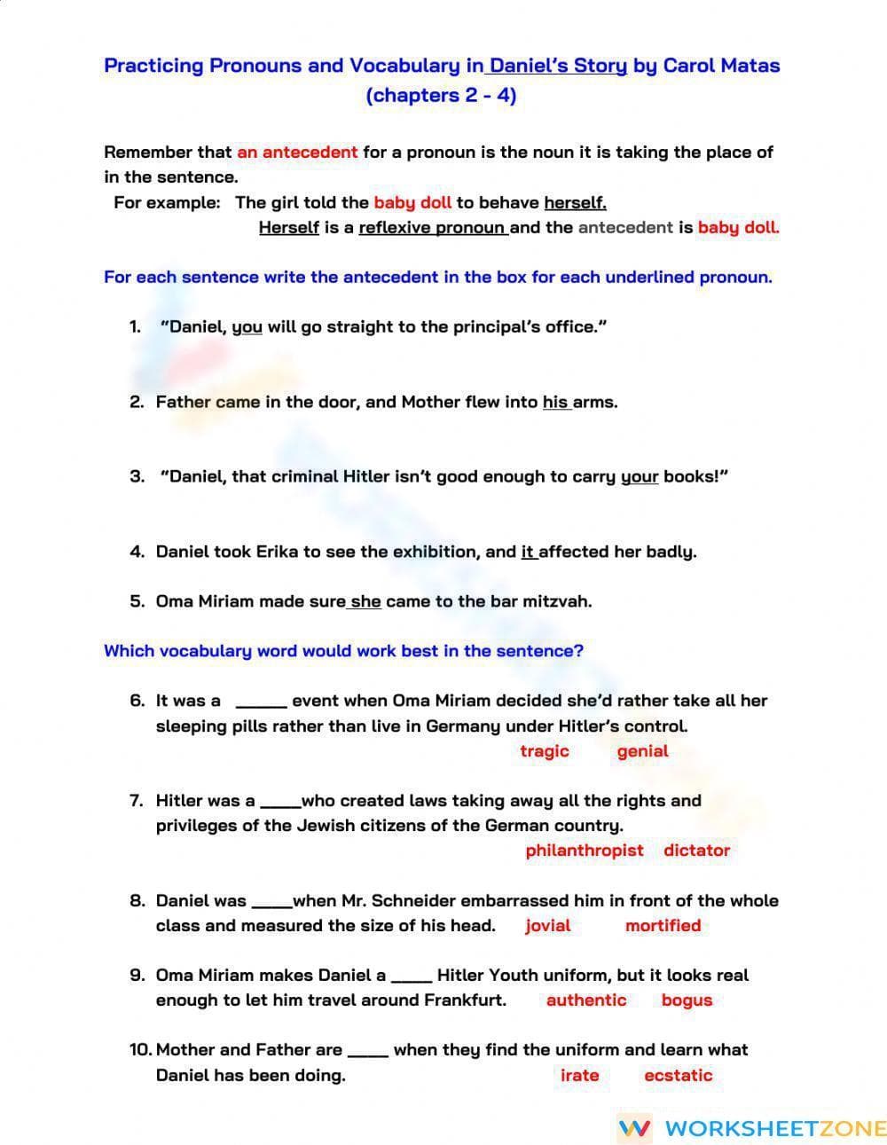 Printable Pronouns Worksheet | Daniel's Story Grade 6-11 - Page 1