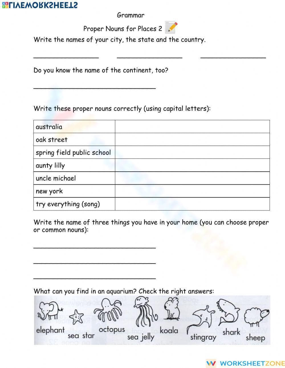 Grade 2 Proper Nouns — Printable No-Prep Worksheet - Page 1