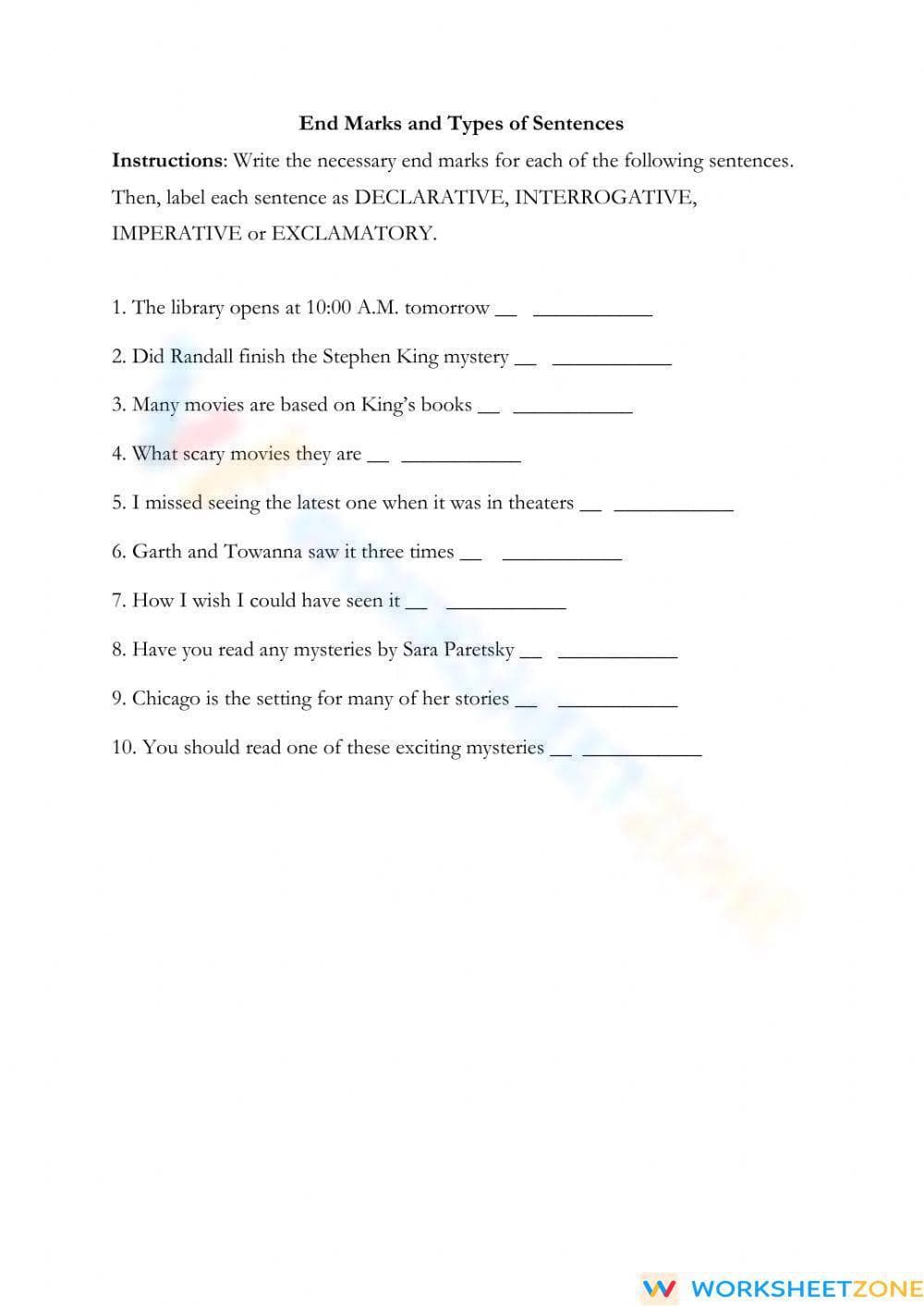 Grade 8 Sentence Types — Printable No-Prep Worksheet - Page 1