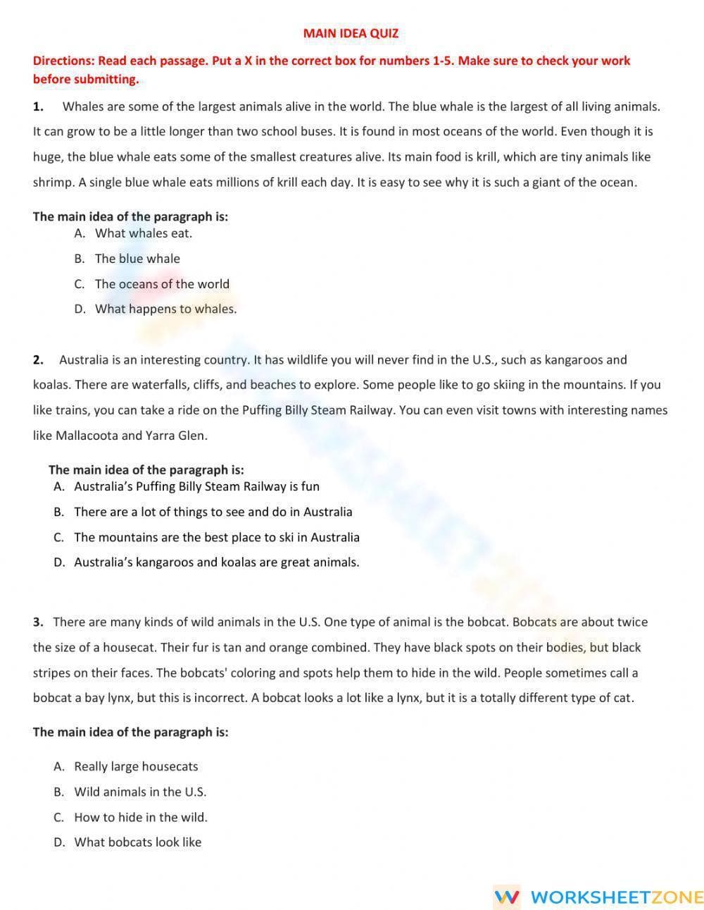 Essential Main Idea Quiz | Grades 5-6 ELA Worksheet - Page 1