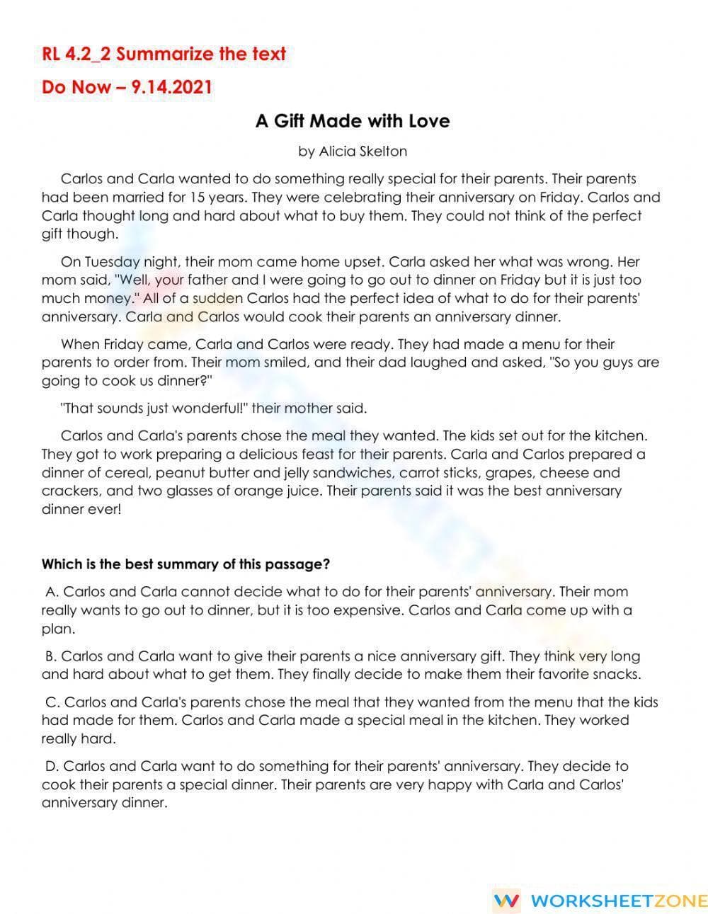 RL 4.2 Worksheet: Summarizing Fiction — Grade 4 Aligned - Page 1