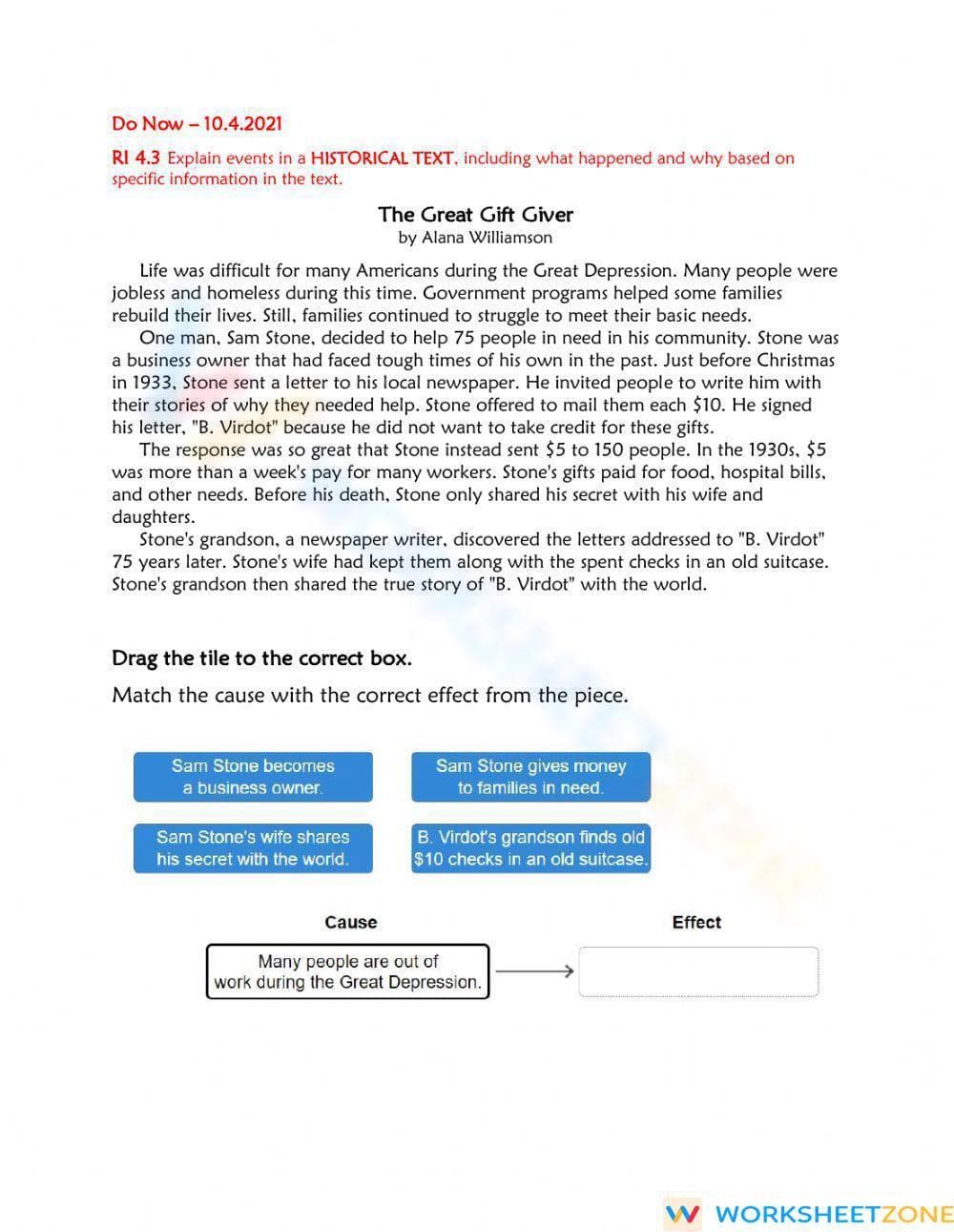 RI 4.3 Worksheet: Cause and Effect — Grade 4 Aligned - Page 1