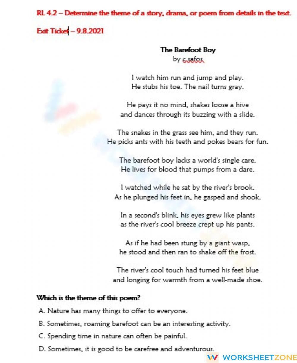 RL.4.2 Worksheet: Theme in Poetry — Grade 4 Aligned - Page 1