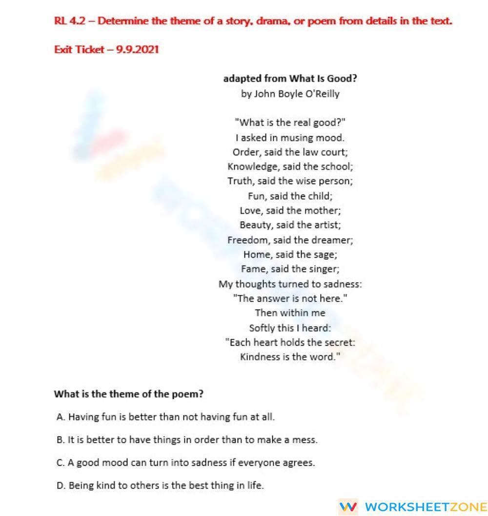 RL 4.2 Worksheet: Poem Theme — Essential Grade 4 Aligned - Page 1