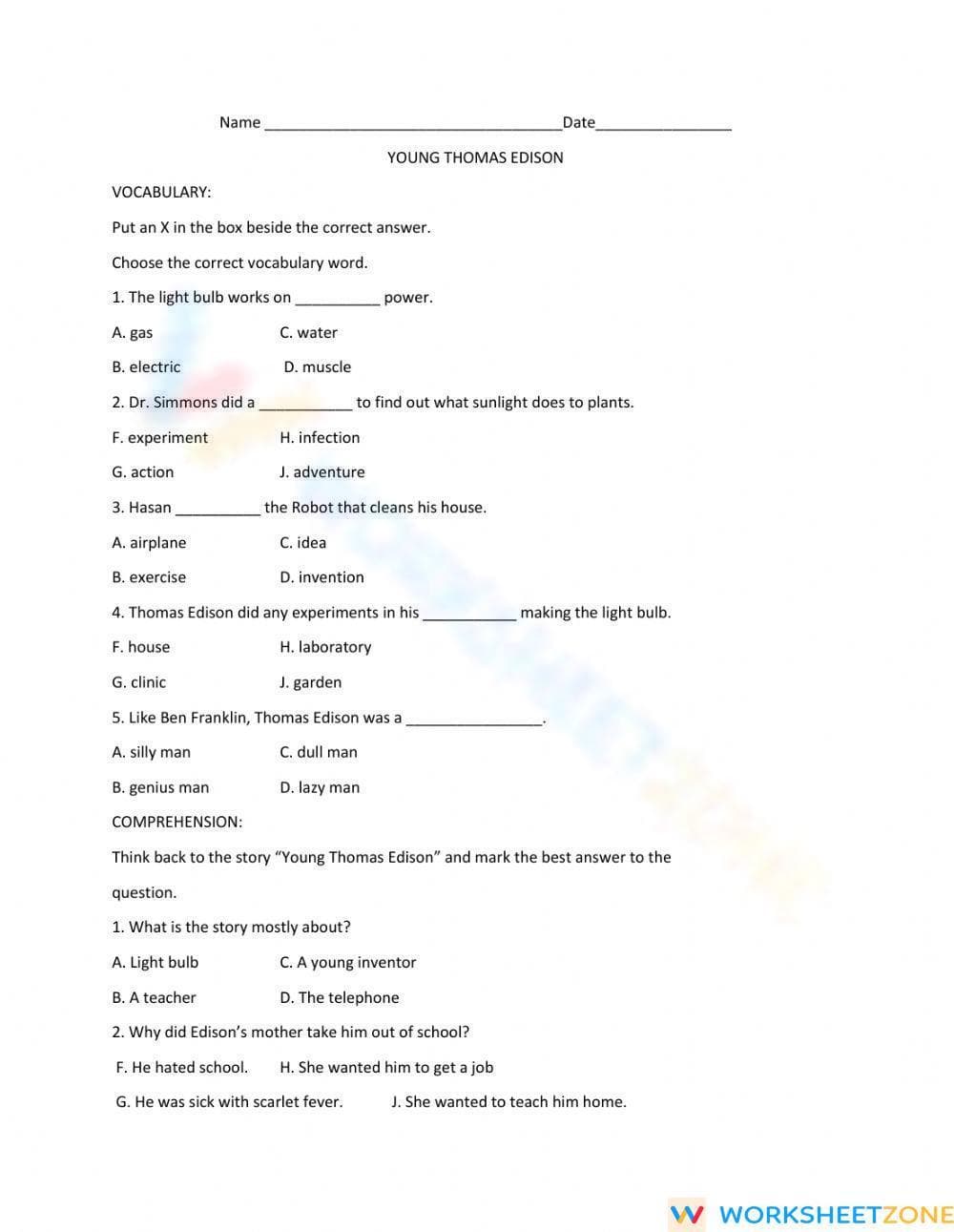 Young Thomas Edison Test | Essential Grade 3-4 ELA - Page 1