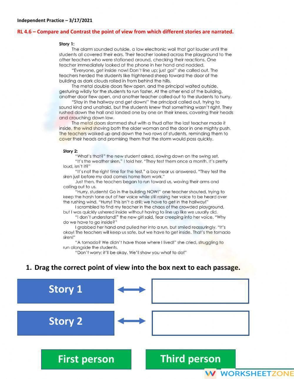 Printable RL.4.6 Point of View Worksheet | Grade 4 ELA - Page 1