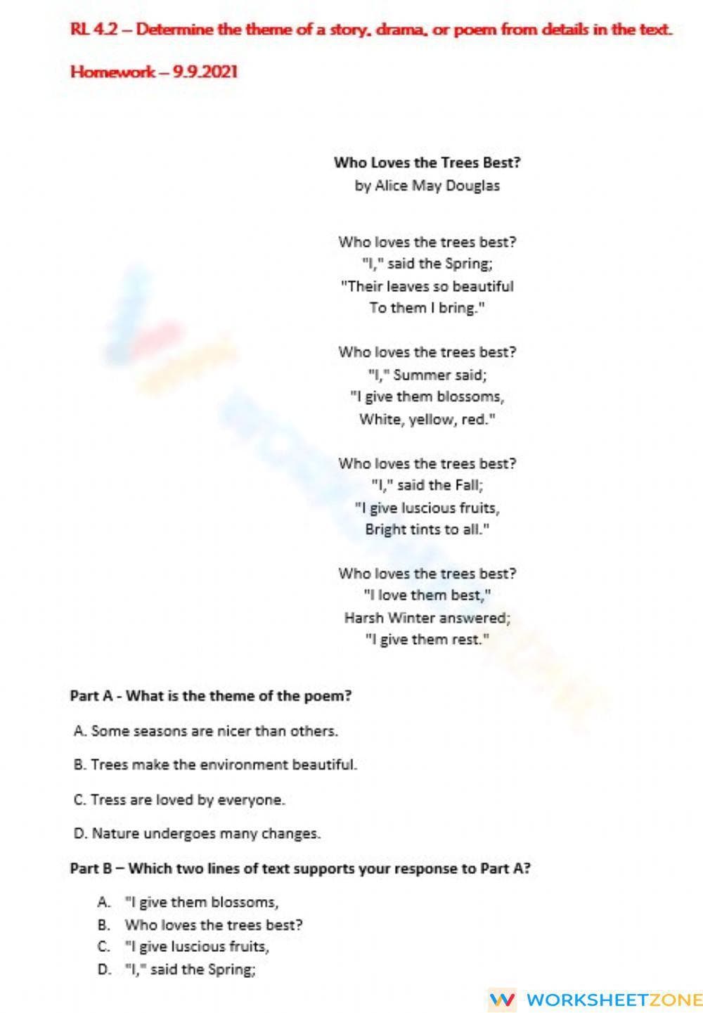 RL 4.2 Worksheet: Determining Poem Theme — Grade 4 Aligned - Page 1