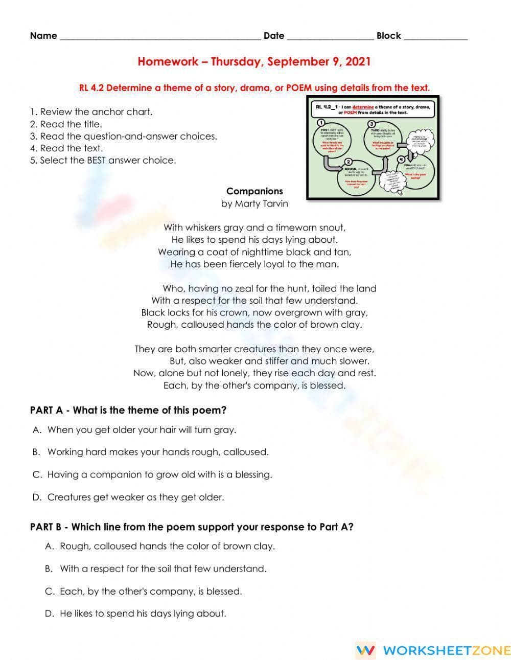 RL 4.2 Worksheet: Determining Theme — Grade 4 Aligned - Page 1