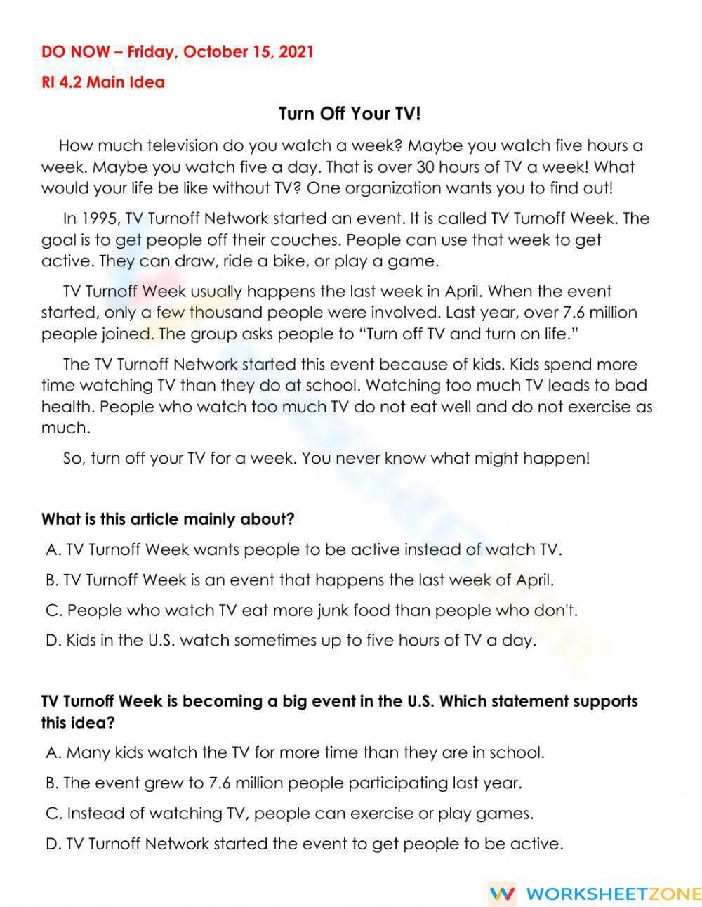 Identifying the Main Idea: Practice Worksheet for RI.4 - Page 1
