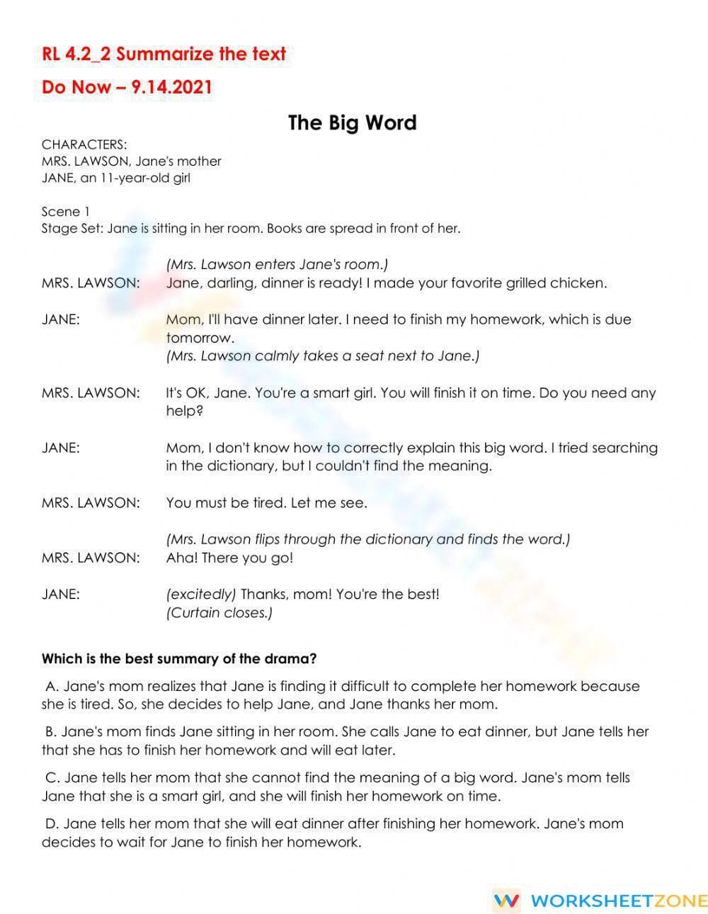 RL.4.2 Worksheet: Summarizing Drama — Grade 4 Aligned - Page 1
