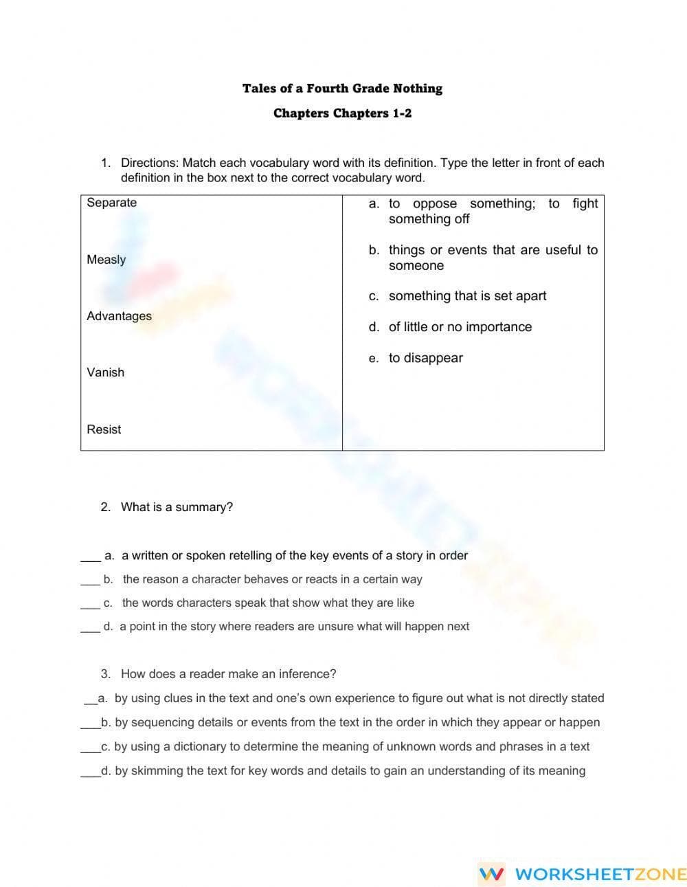 Tales of a Fourth Grade Nothing Quiz | Printable Grade 4 - Page 1
