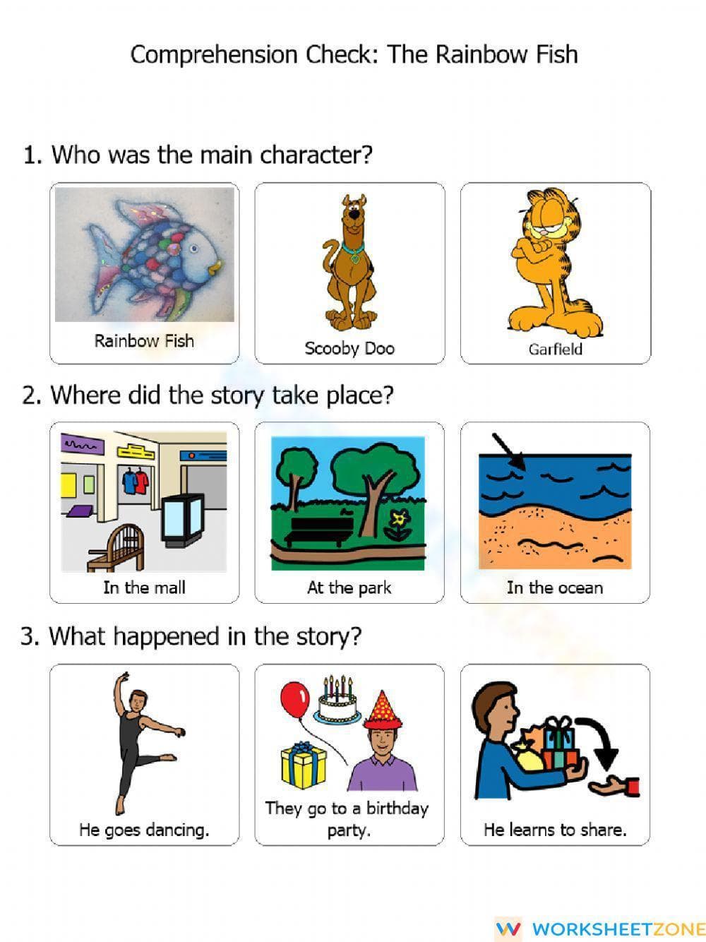 Rainbow Fish Comprehension Worksheet | Grade 1-3 Essential - Page 1