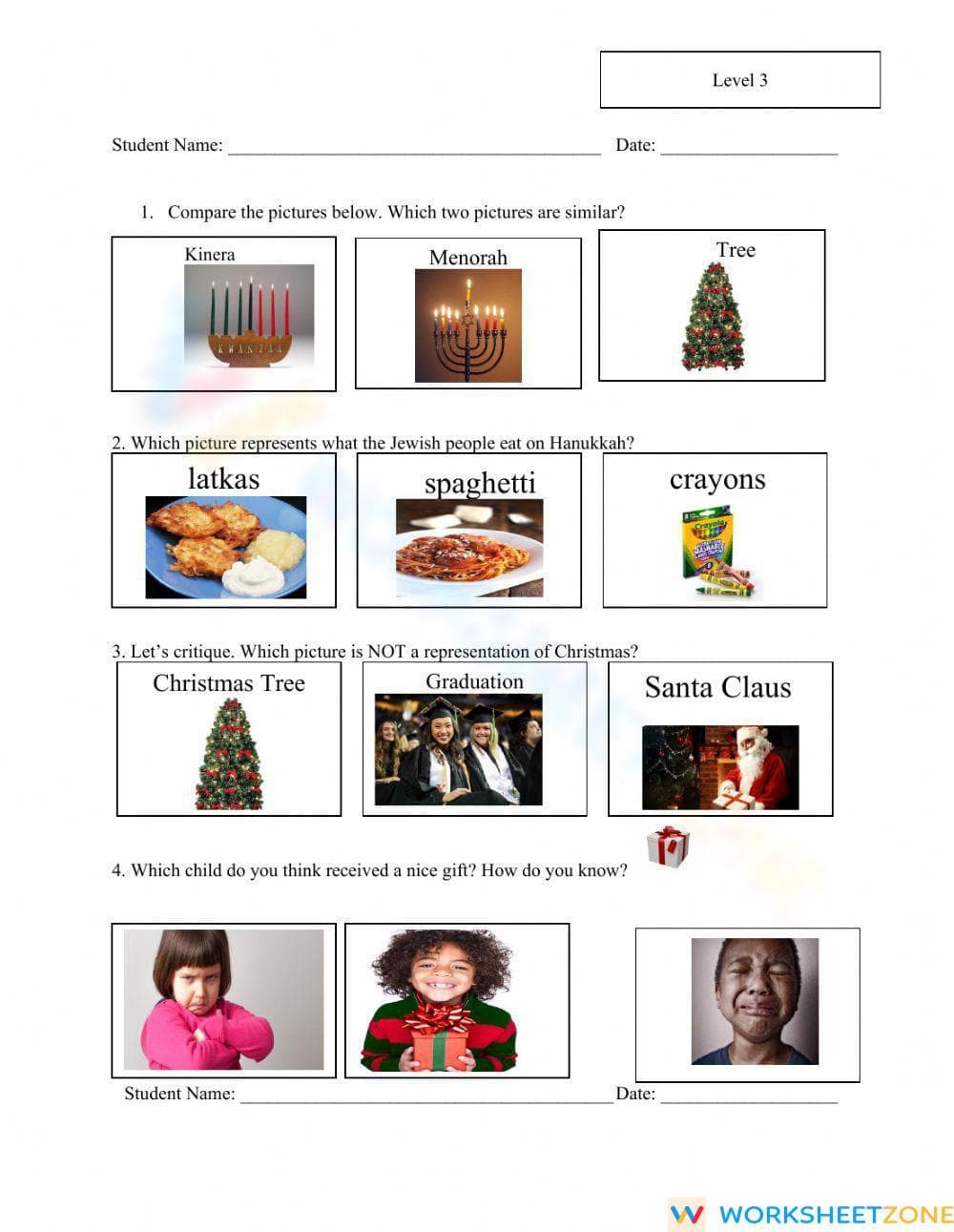 December Traditions Worksheet (3 Levels) | Grade 1 Ready - Page 1