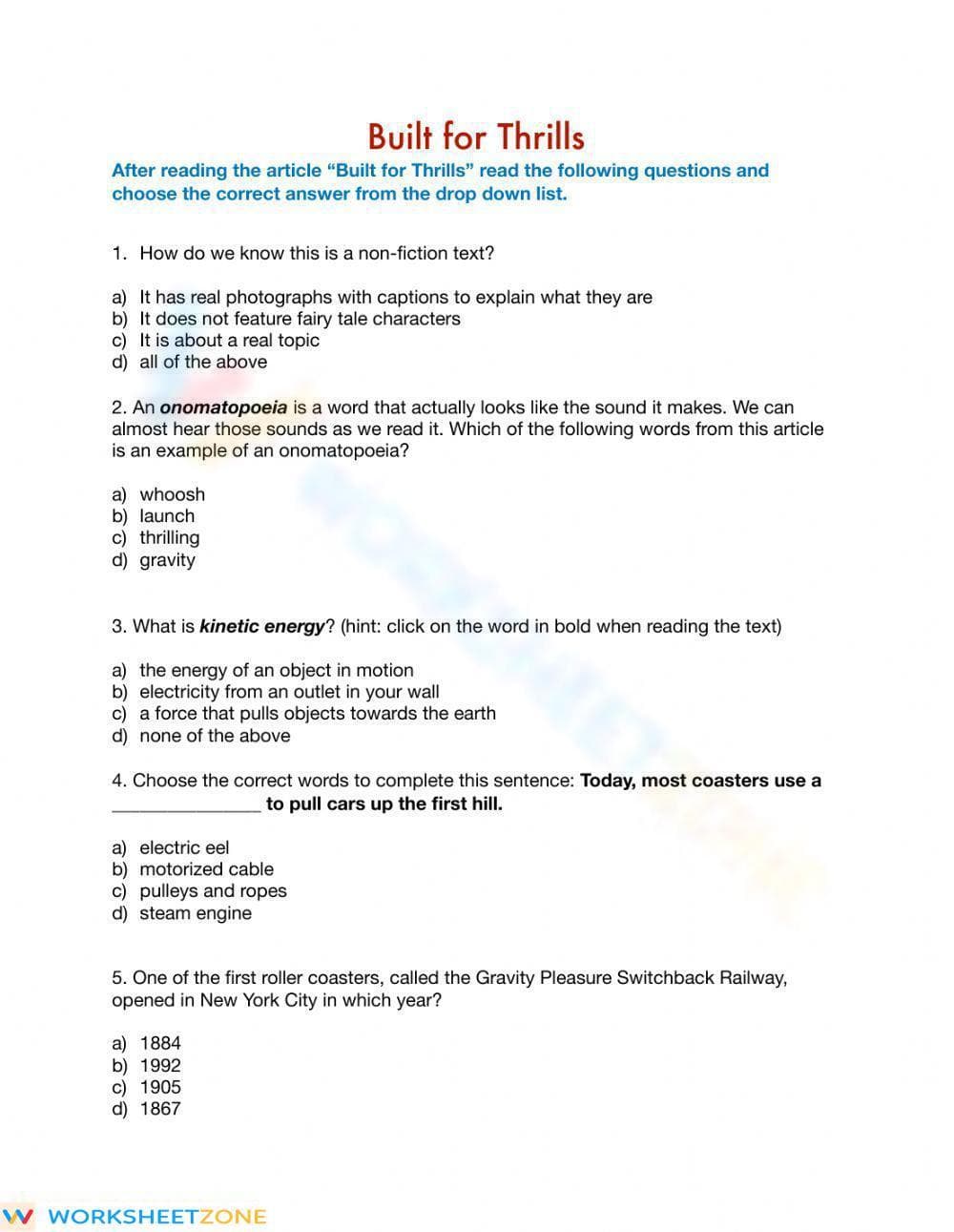 Built for Thrills Printable Response Questions | Grade 3 - Page 1