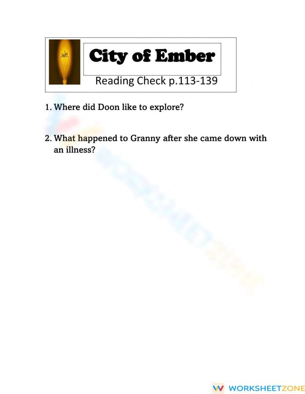 City of Ember Reading Check Worksheet | Ready Grade 6-8 - Page 1