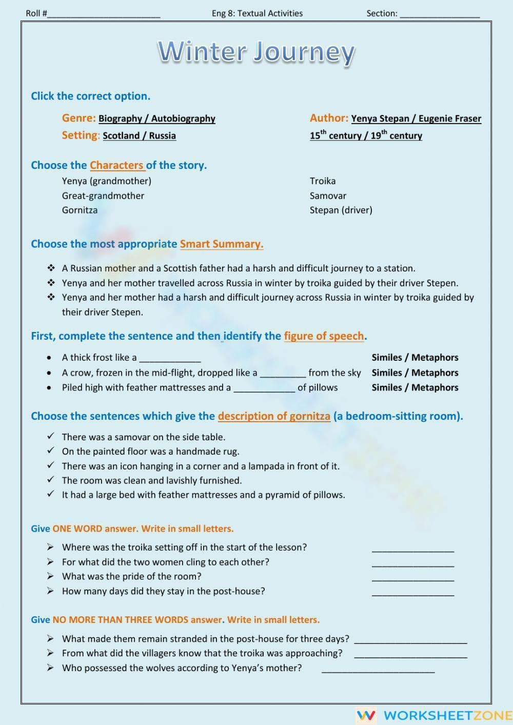 Printable Winter Journey Reading Comprehension | Grade 8 - Page 1