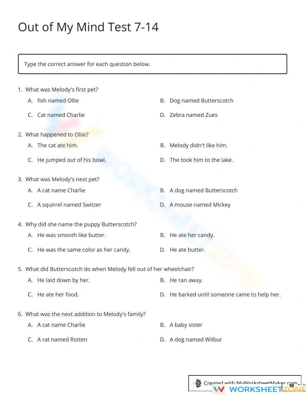 RL.7.1 Test: Out of My Mind Ch. 7-14 — Grade 7 Aligned - Page 1