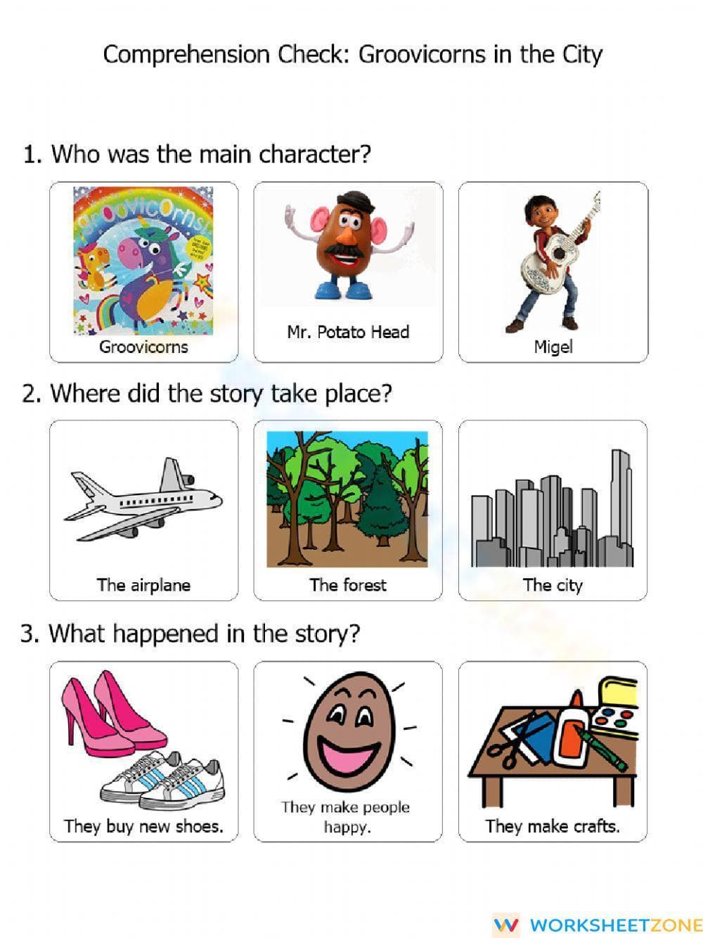Printable Groovicorns in the City Comprehension | Grade K-2 - Page 1
