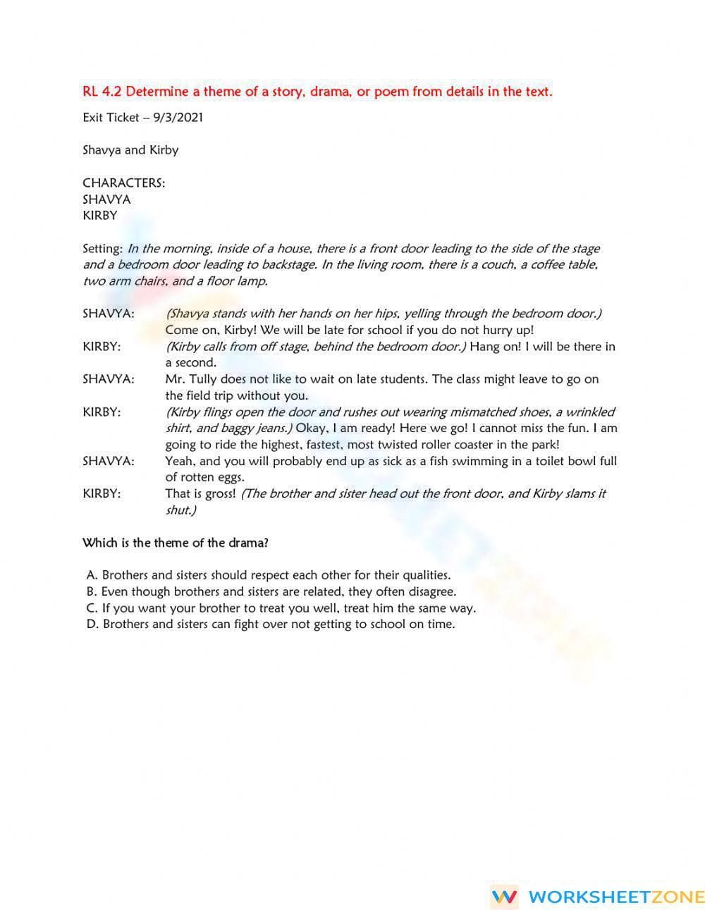 RL.4.2 Determining Theme in Drama — Grade 4 Aligned - Page 1