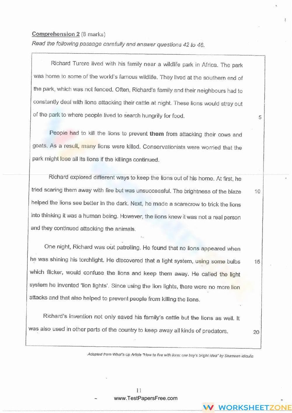 Reading Comprehension Worksheet: The Story of Richard Turere
- Page 1