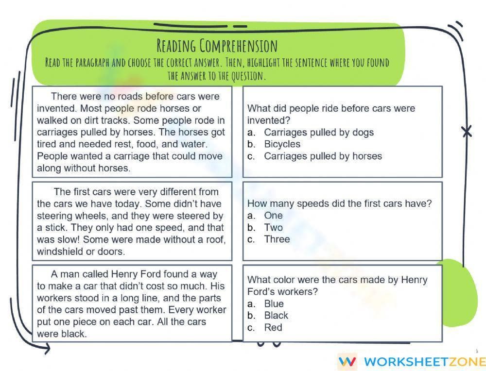 Grade 3 History of Cars — Printable No-Prep Worksheet - Page 1