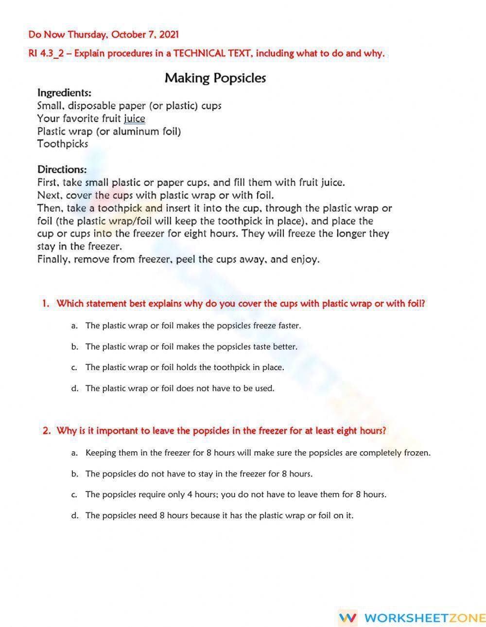 Aligned Grade 4 RI 4.3 Worksheet: Technical Text Procedures - Page 1