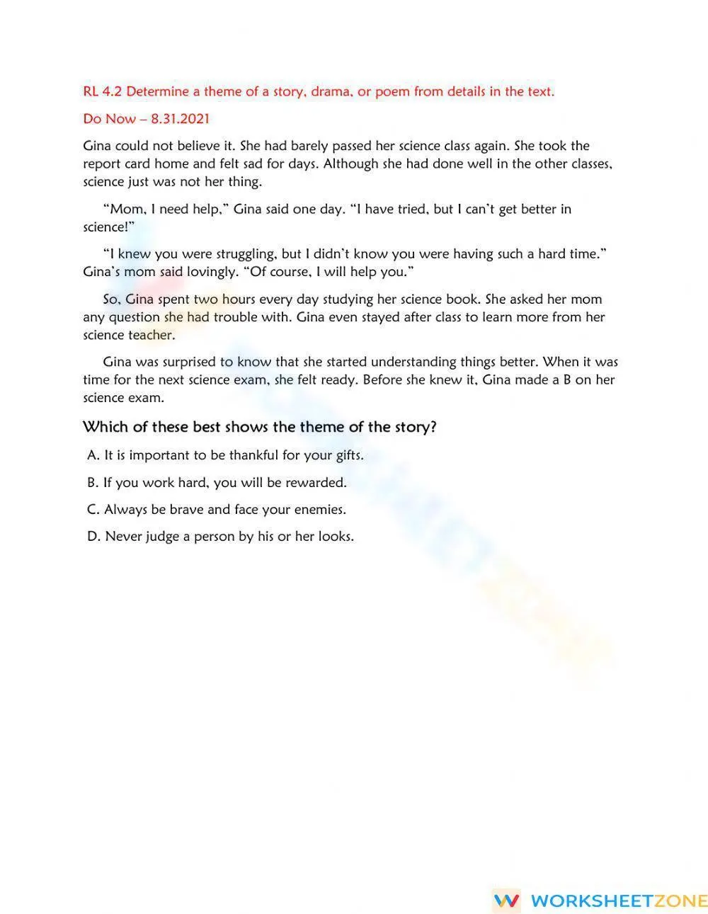 RL.4.2 Worksheet: Determining Theme — Grade 4 Aligned - Page 1
