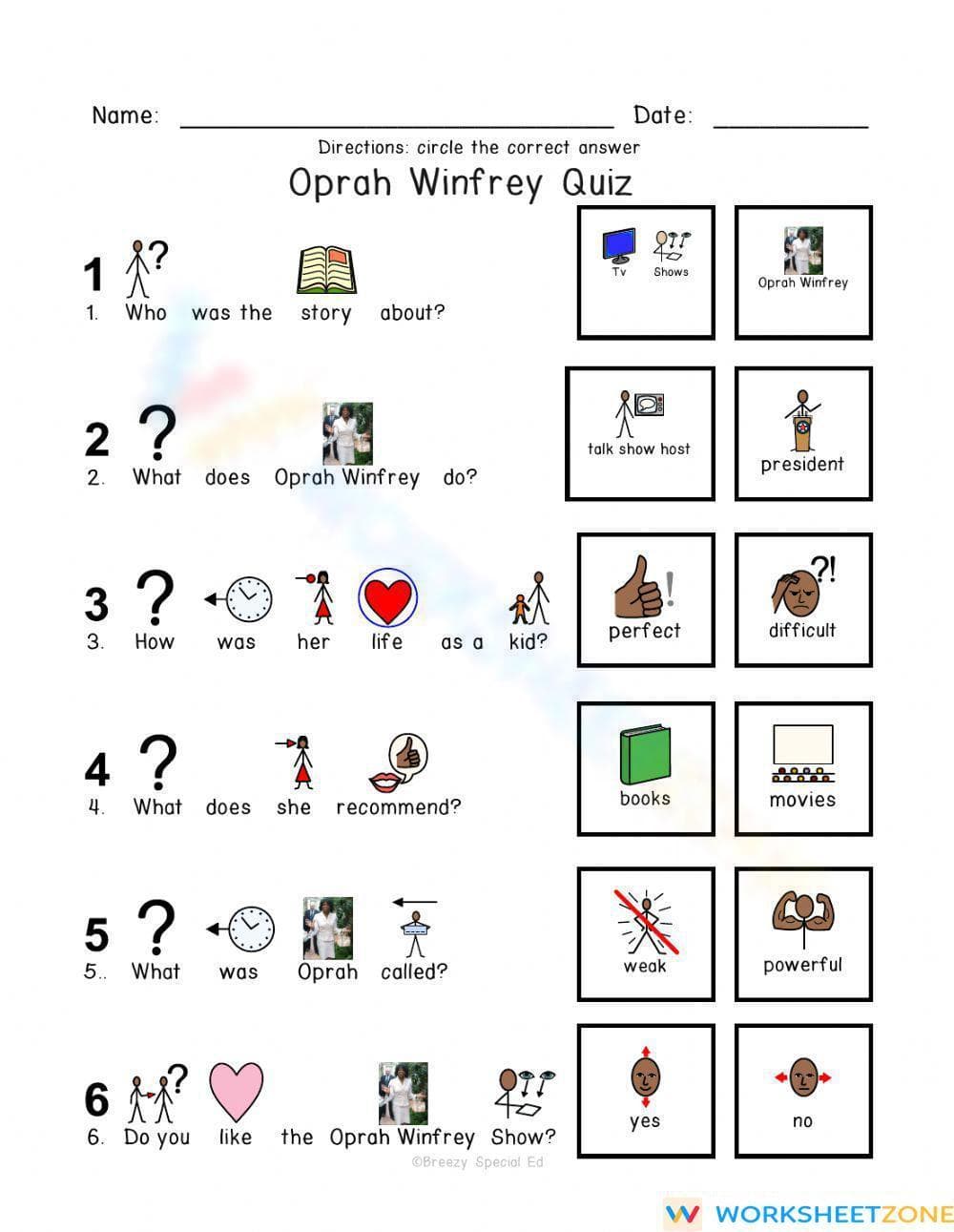 Oprah Winfrey Quiz: Printable K-1 Reading Comprehension - Page 1